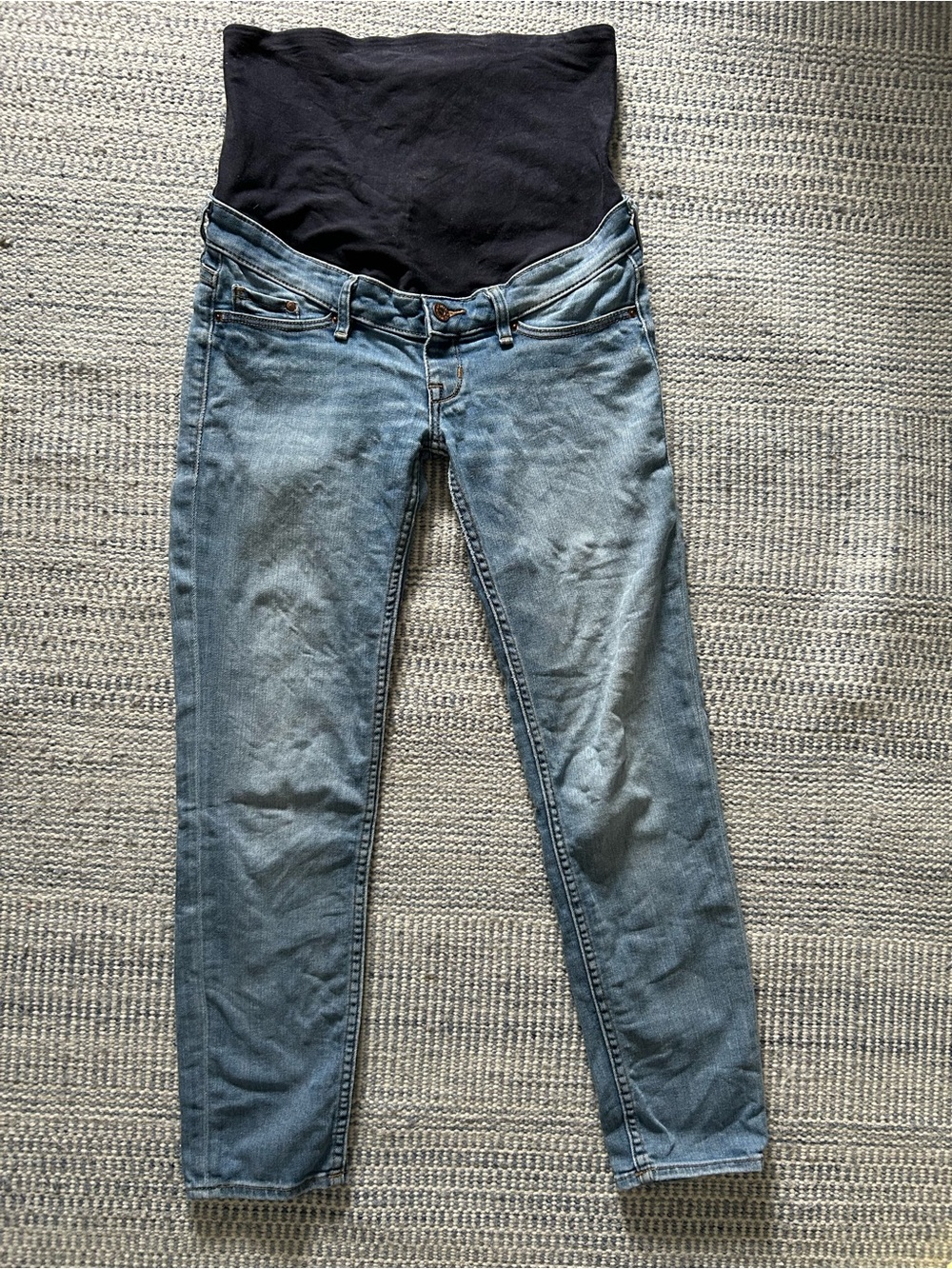 H&M Light Blue Straight Leg Maternity Jeans with Navy Blue Belly Panel